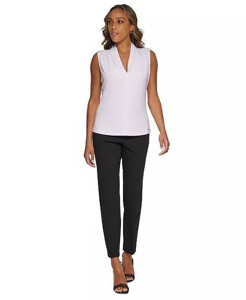 Calvin Klein Gathered V‑Neck Sleeveless Top White Hidden Buttons Size S NWT $49