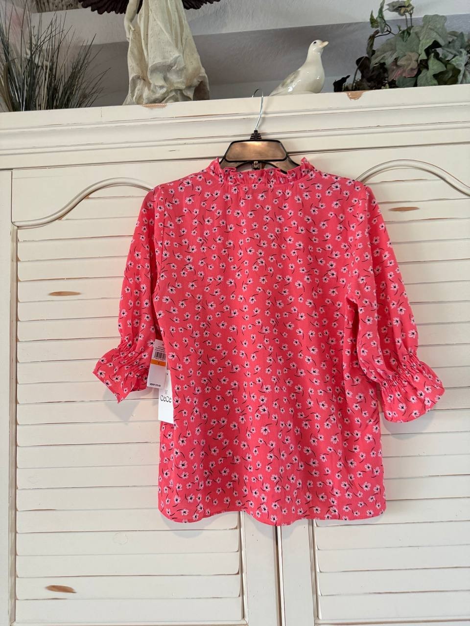 CeCe Womens 3/4 Sleeve Tie Neck Floral Print Blouse Calypso Coral Size S NWT