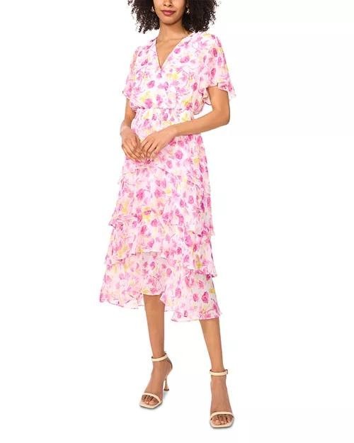 Vince Camuto Flutter Sleeve Tiered Midi Dress – Violet Blush, Size L