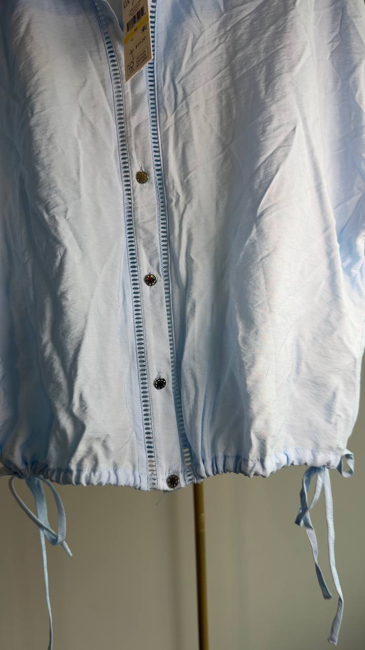DKNY Ladder Lace Detail Short‑Sleeve Button‑Up Shirt Light Blue M NWT $99