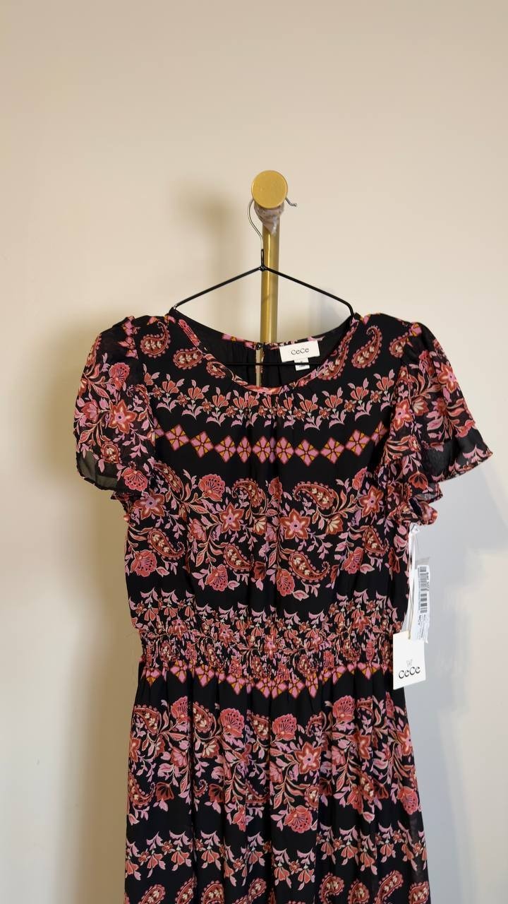 CeCe Short-Sleeve Printed Maxi Dress Rich Black M NWT $139