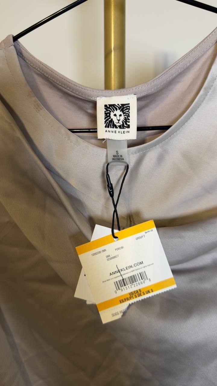 Anne Klein Drape Front Asymmetrical Shoulder Sleeveless Blouse Porcini S NWT $59
