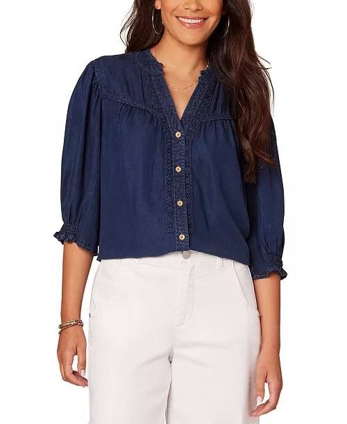 Democracy Crochet Trim Ruffle Button‑Front Shirt Navy M NWT $84