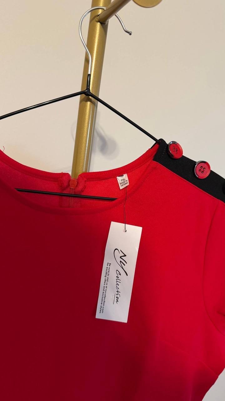 NY Collection Petite Asymmetrical Hem Dress Fire Red Black PXL $52 NWT
