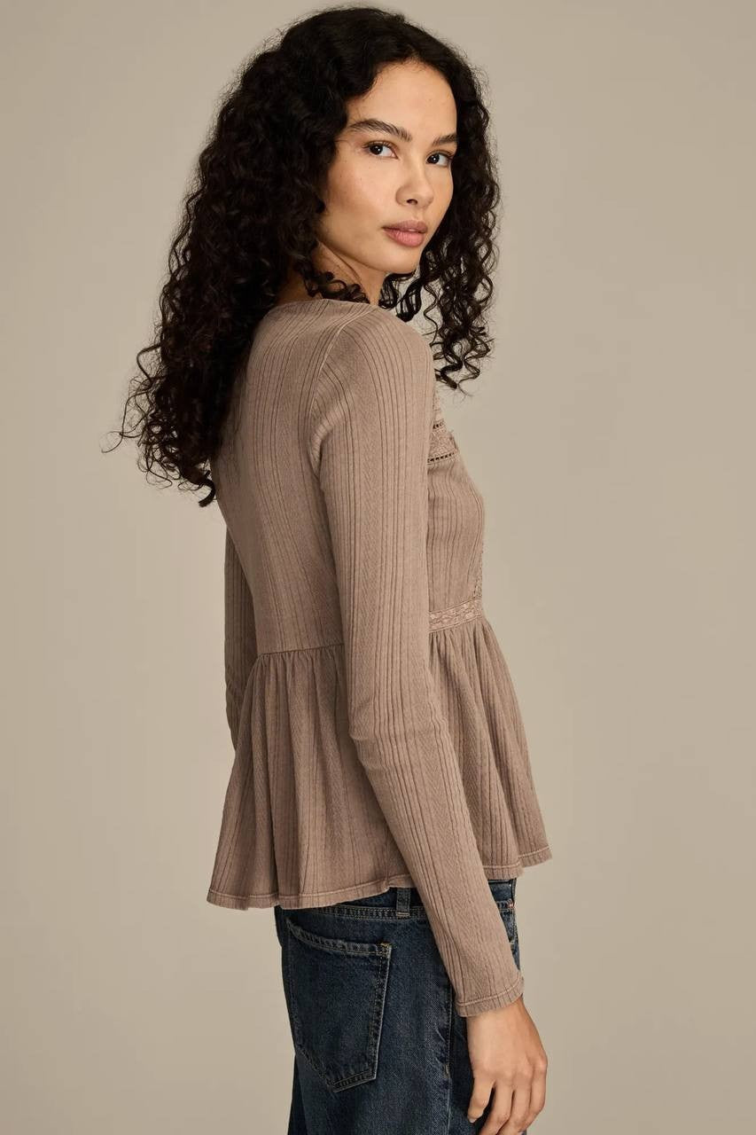 Lucky Brand Embroidered Peplum Longsleeve Deep Taupe L NWT $79.50
