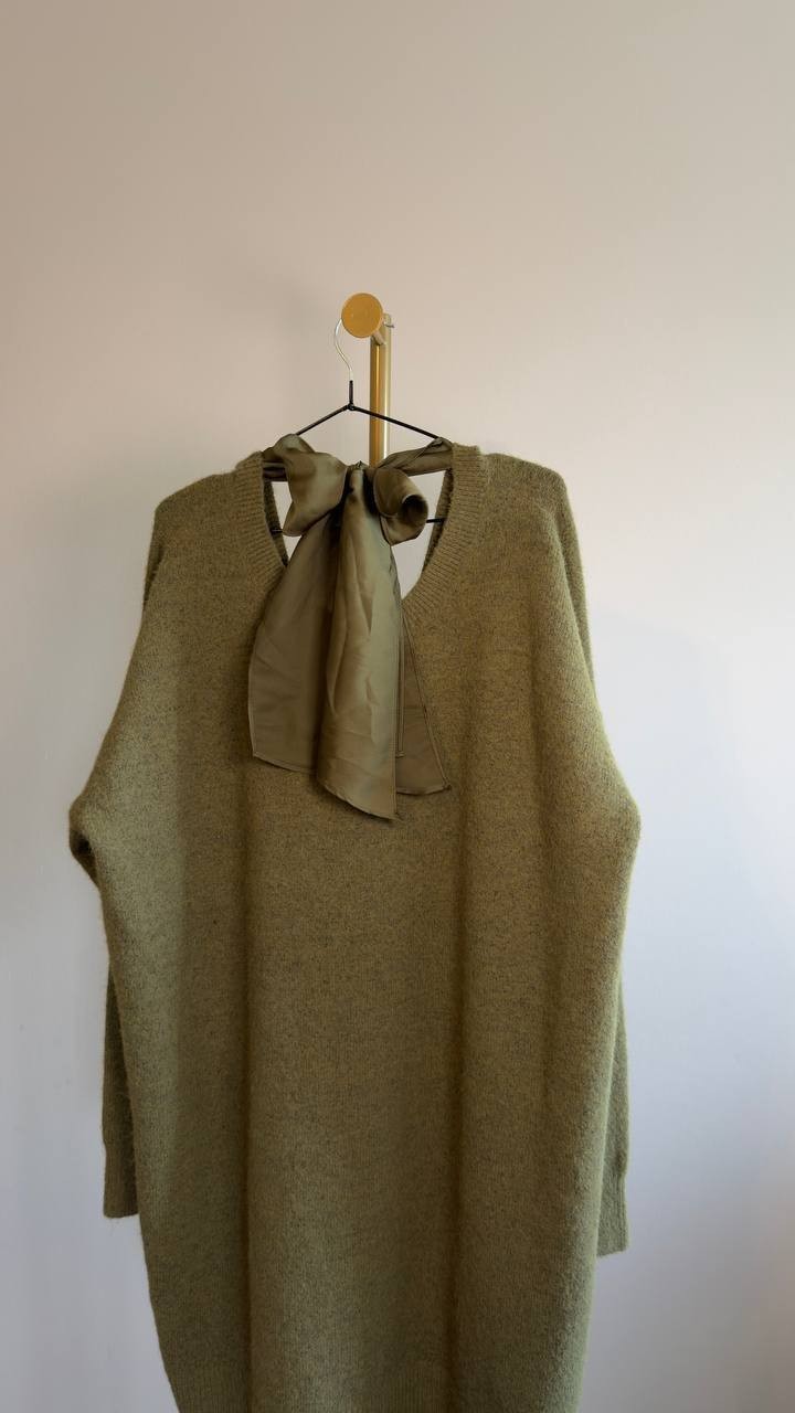 Lands’ End Fuzzy Bow Back Mini Sweater Dress Olive Drab Heather XL NWOT $109.95