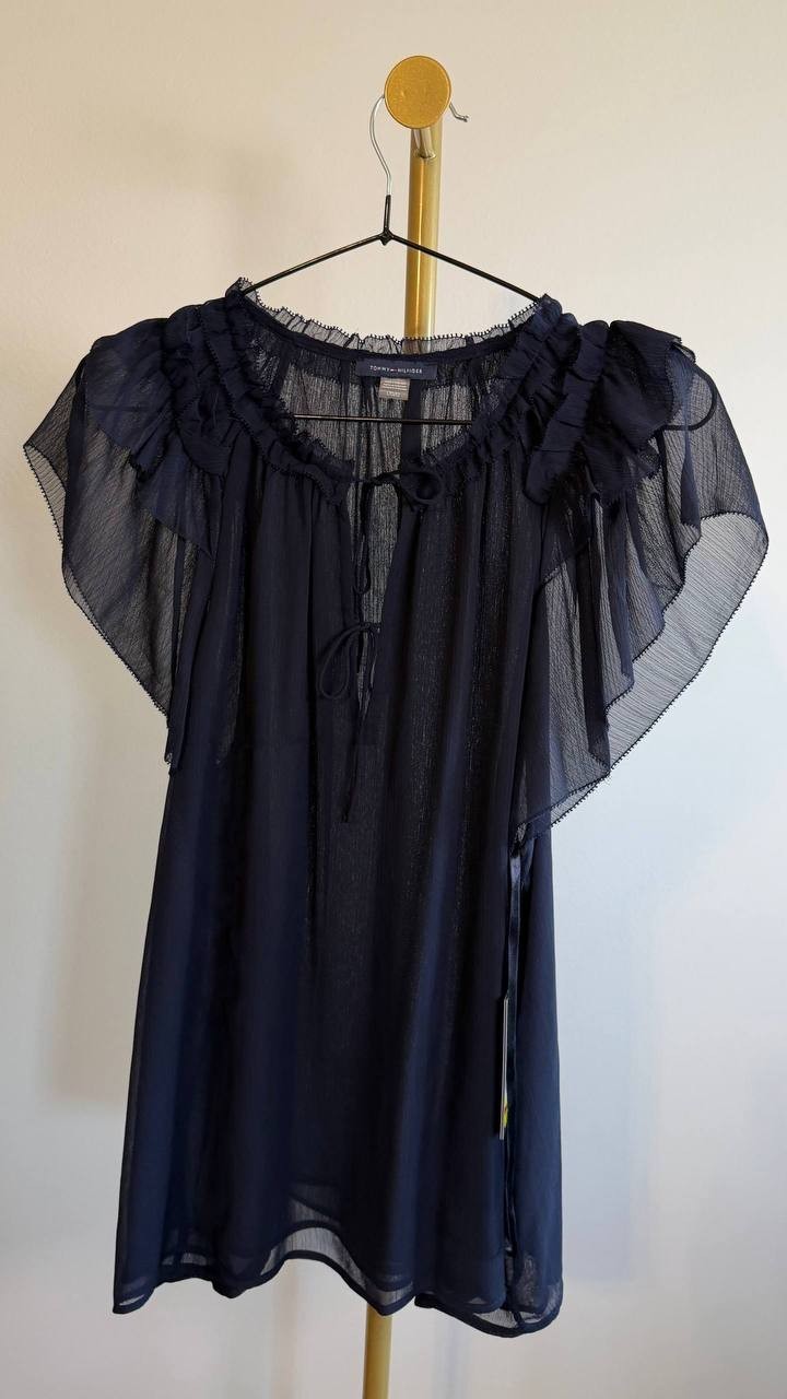 ommy Hilfiger Women’s Split‑Neck Flutter‑Sleeve Blouse Midnight L $79 NWT