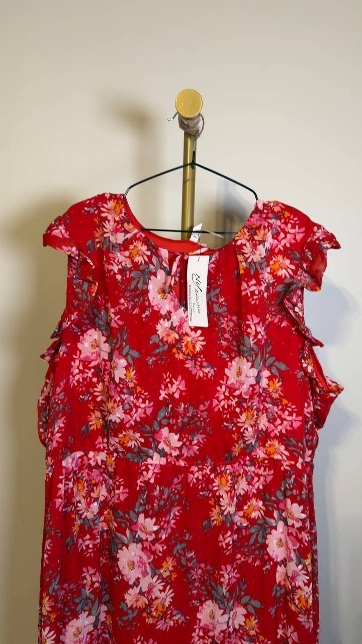 NY Collection Plus Flutter‑Sleeve Tiered Dress Red Multi 3X NWT $56
