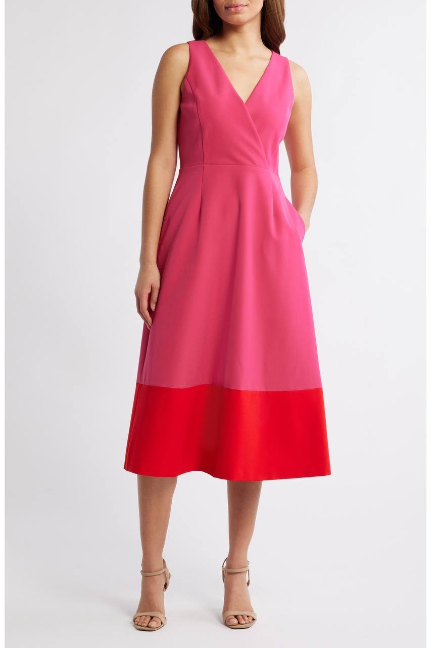 Anne Klein Colorblock A‑Line Surplice Midi Dress Fuchsia Rose 8 NWT $149