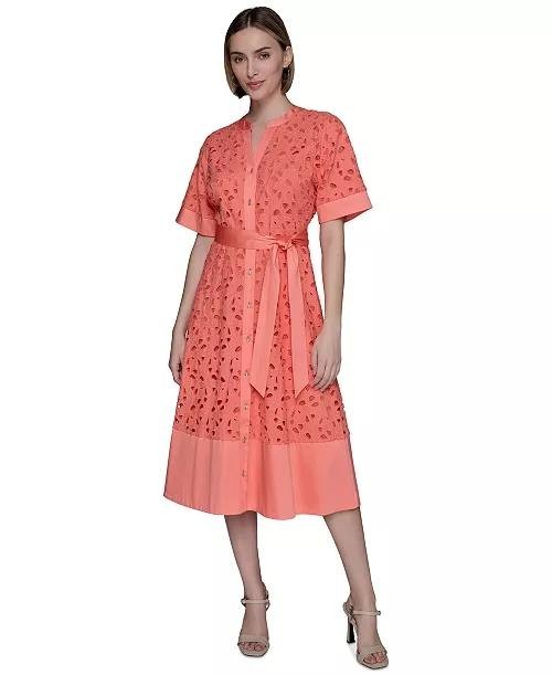 Karl Lagerfeld Paris Petite Eyelet Button‑Front Dress Terracotta 8P NWT $199