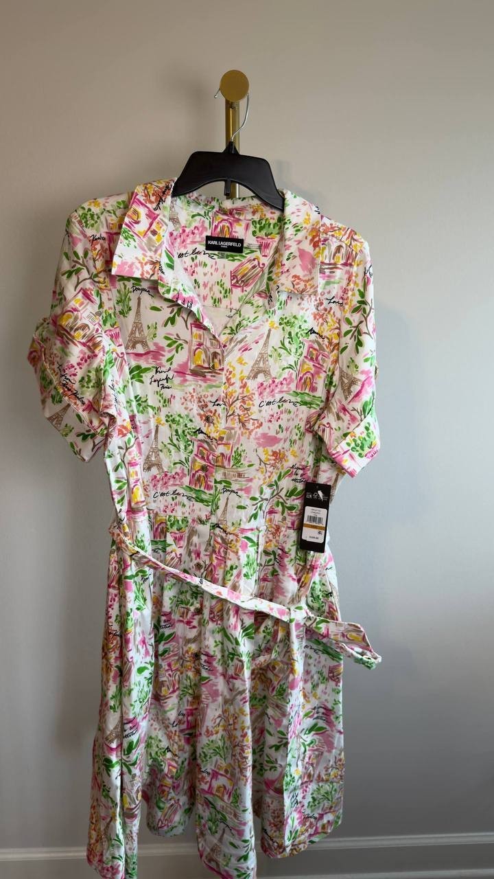 Karl Lagerfeld Paris Plus Printed Collared Dress White/Pink 16W NWT $169
