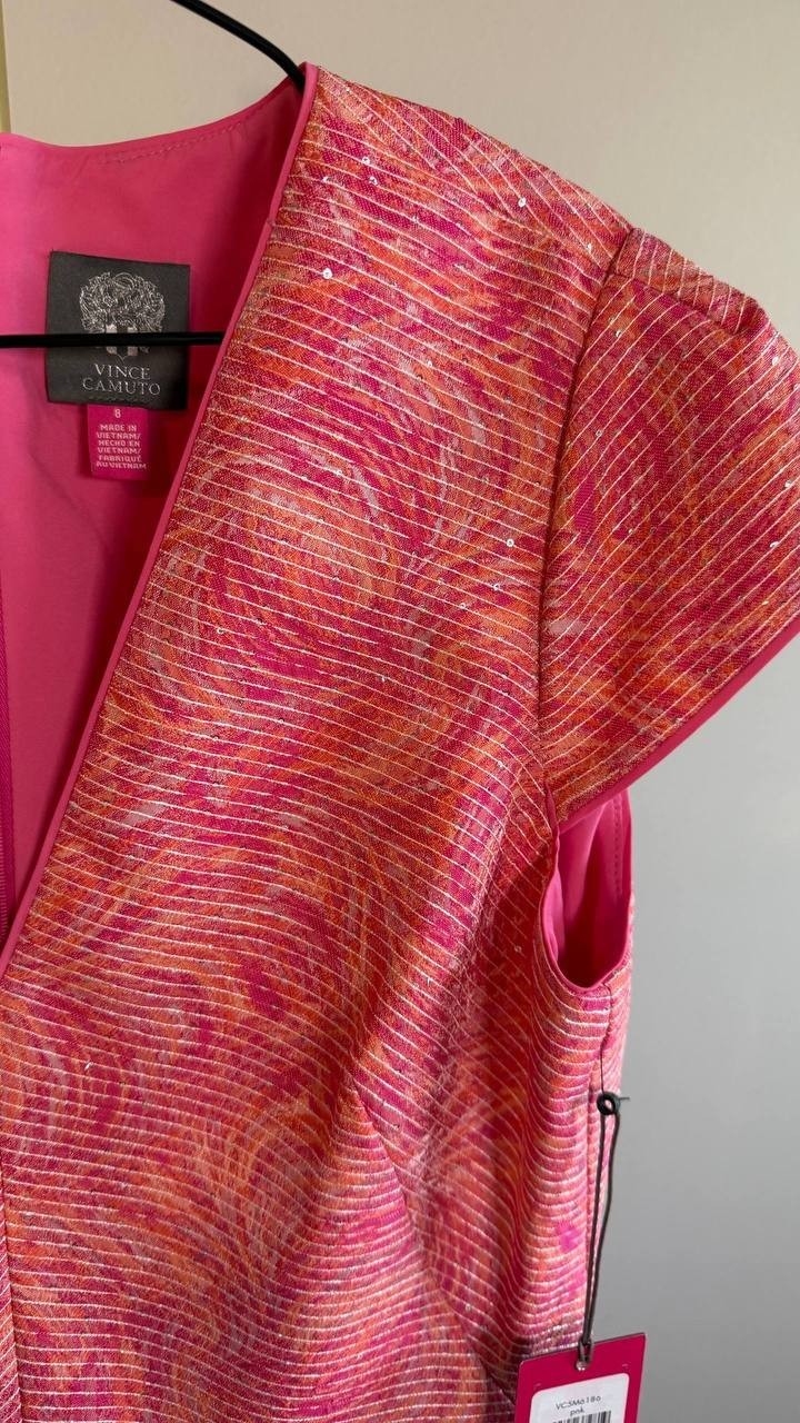 Vince Camuto Metallic Floral Jacquard Fit & Flare Dress Pink 8 $178 NWT