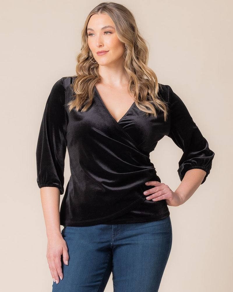 Kiyonna Odette Velvet Faux Wrap Top – Onyx, Size 0X