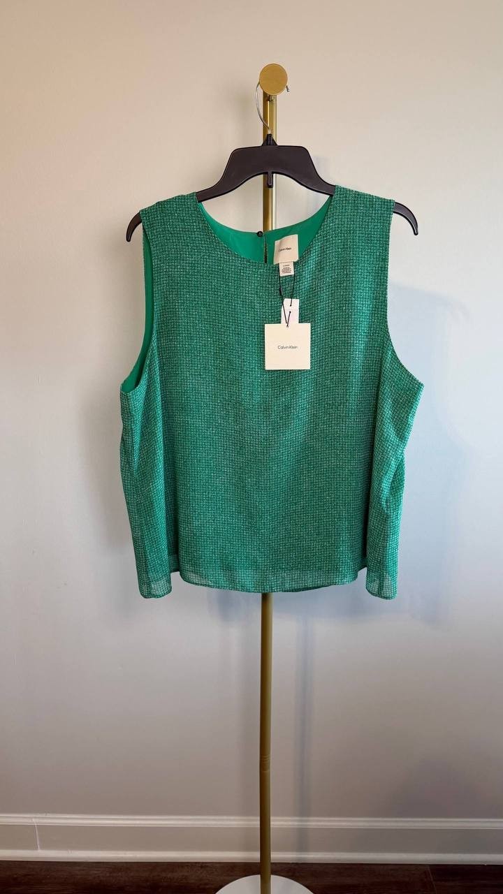 Calvin Klein Printed Chiffon Sleeveless Top Green XL NWT $79