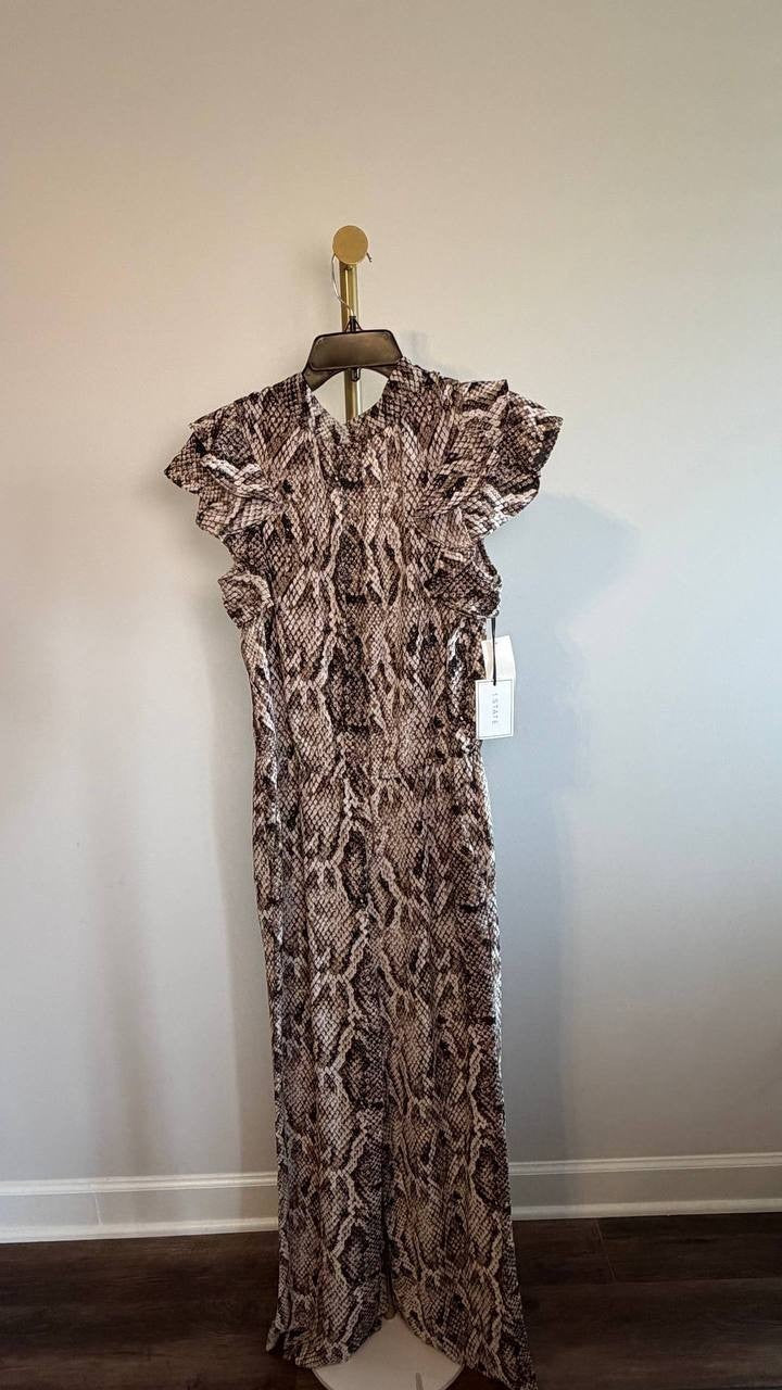 1.STATE Flutter Sleeve Printed Mock Neck Jumpsuit Birch Multi S NWT $119