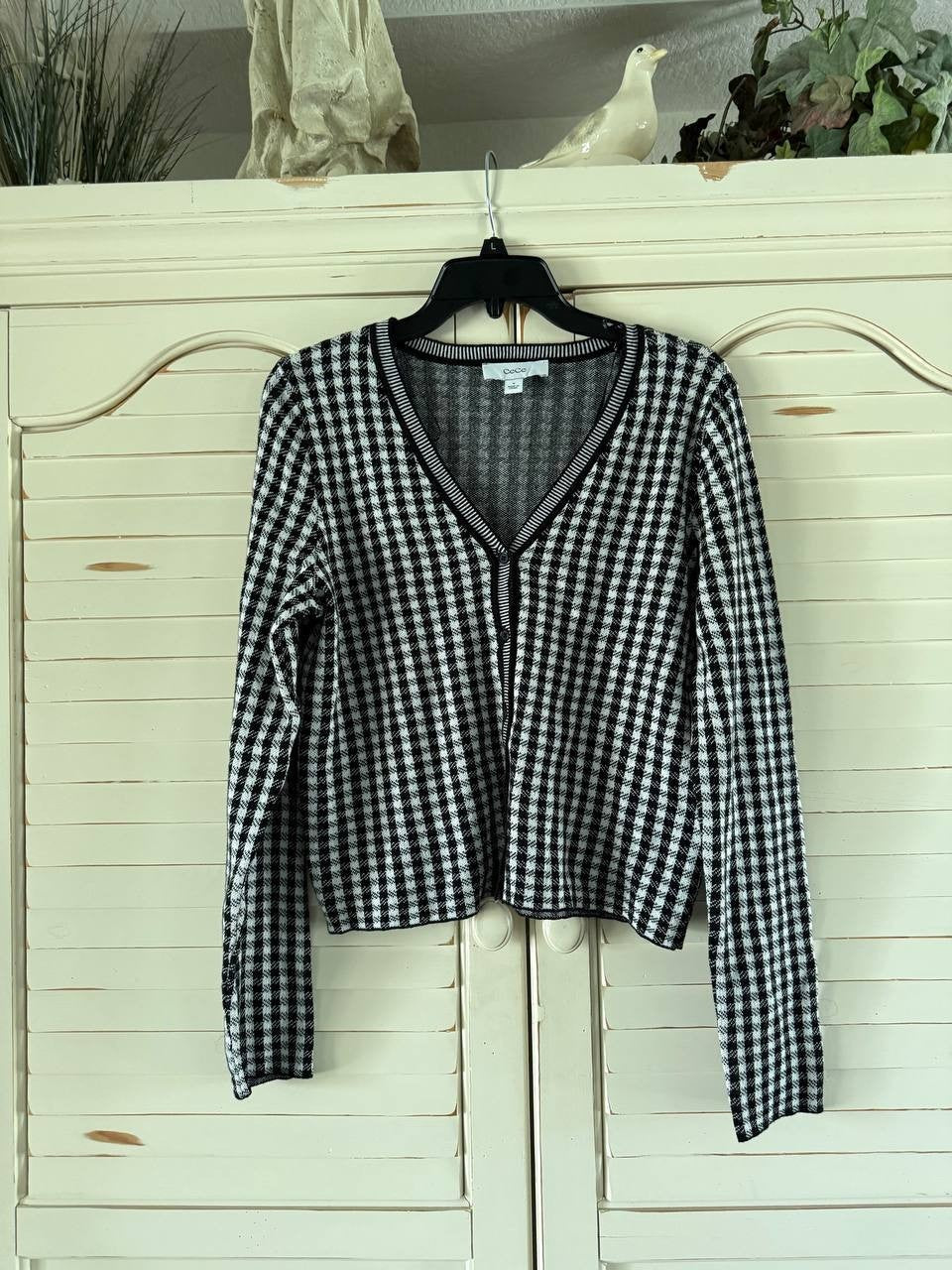 CeCe Gingham Jacquard V-Neck Cardigan Black M Cotton Knit Sweater for Women