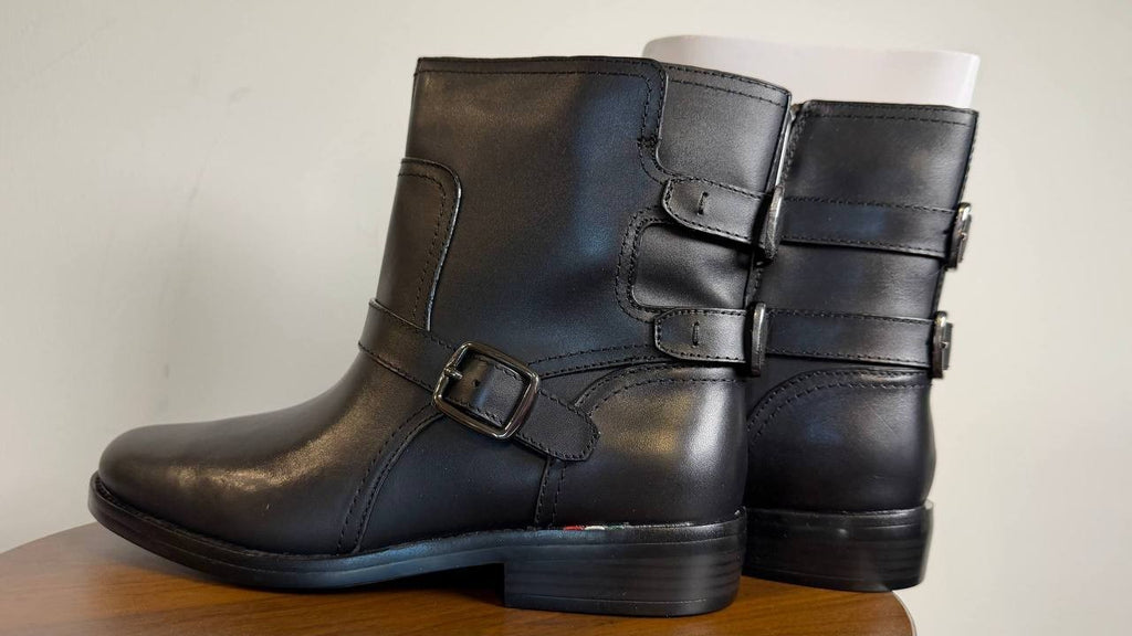 Franco Sarto Prina Boots 9.5M Black Leather Moto Block Heel Zip NIB msrp$180