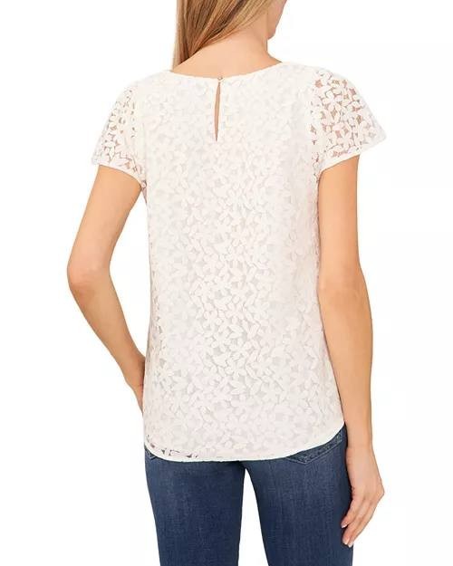 CeCe Crewneck Flutter Sleeve Lace Top White Short Sleeve Lined Size XS NWT $69