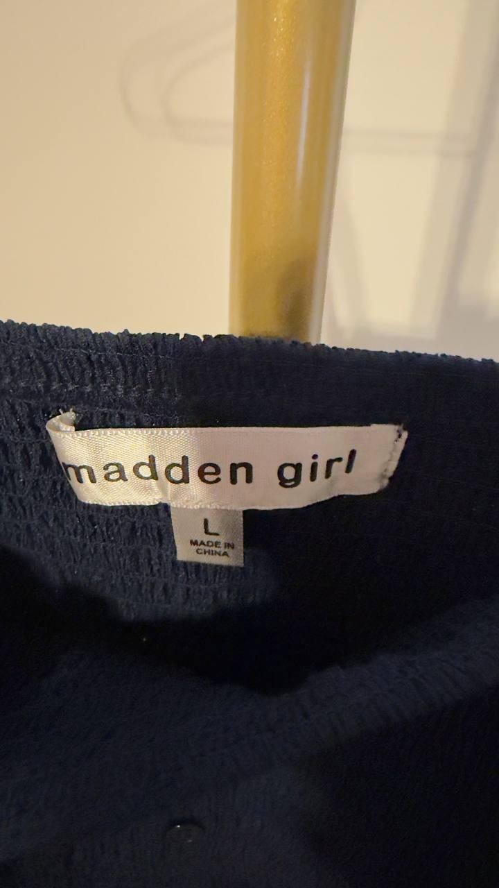 Madden Girl Smocked Ruffle Hem Sleeveless Top Navy L NWT $59