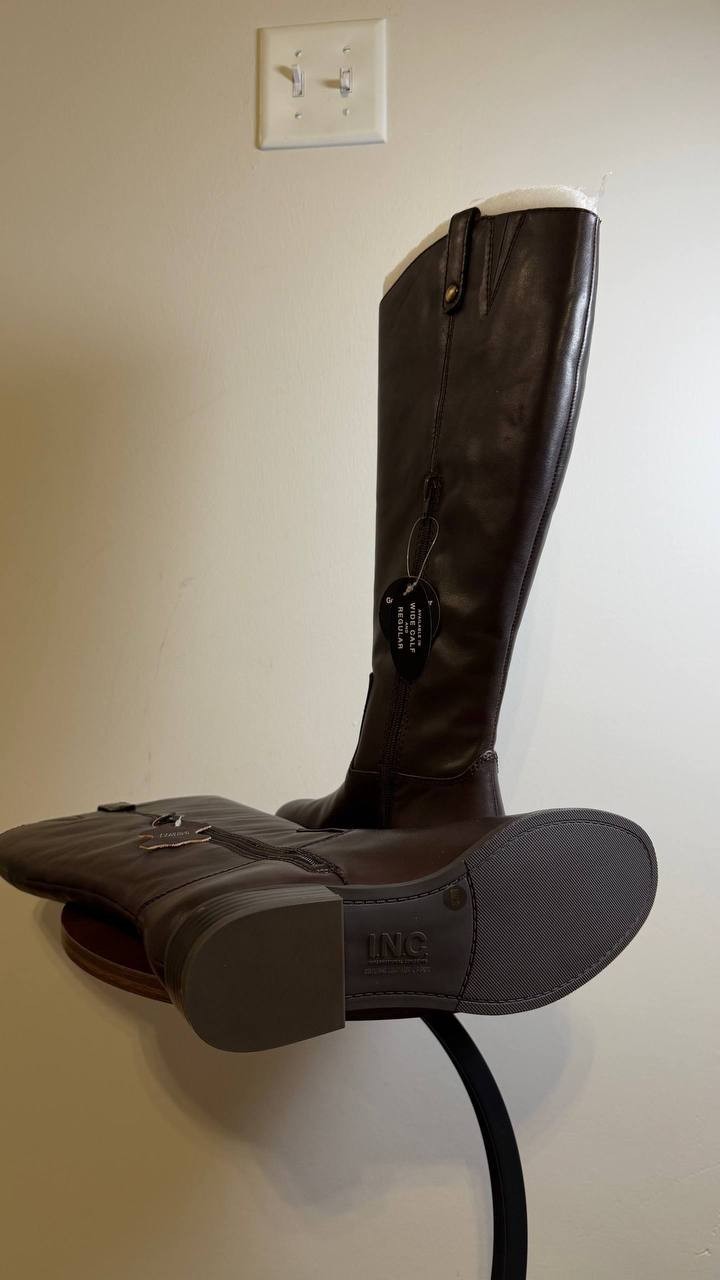 INC Fawne Boots 8M Chocolate Leather Knee‑High Riding Round Toe NIB msrp$189