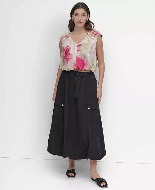 DKNY Floral V Neck Cap Sleeve Top Size L NWT Multicolor Abstract Print