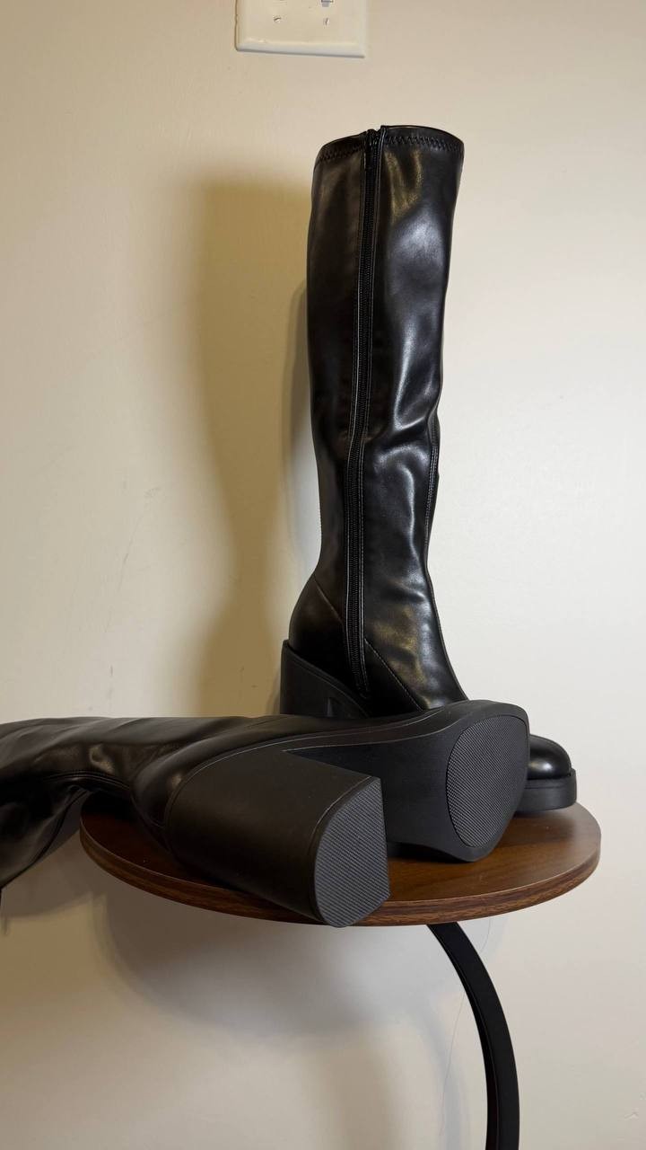 Madden Girl Dreammerr Boots 7 Black Stretch Knee‑High Block Heel NIB msrp$99