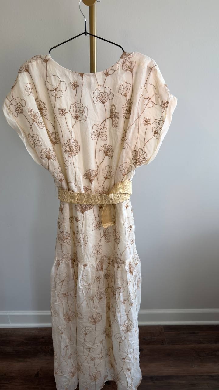 Taylor Embroidered V‑Neck Belted Dress Vanilla Walnut 14 NWT $149