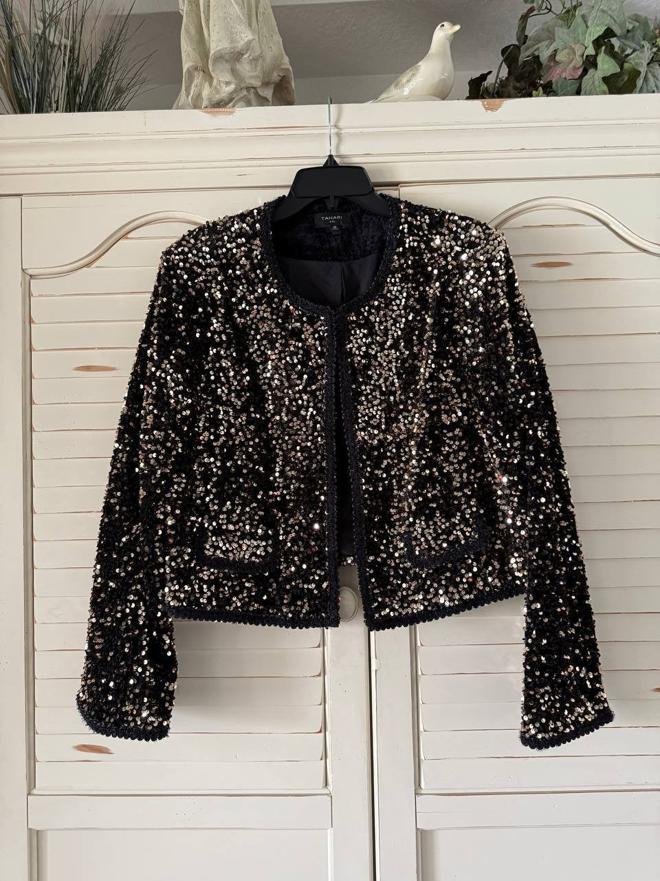 Tahari ASL Sequin Tie-Hem Blouse Gold Black Plus Size 18 Glam Party Top