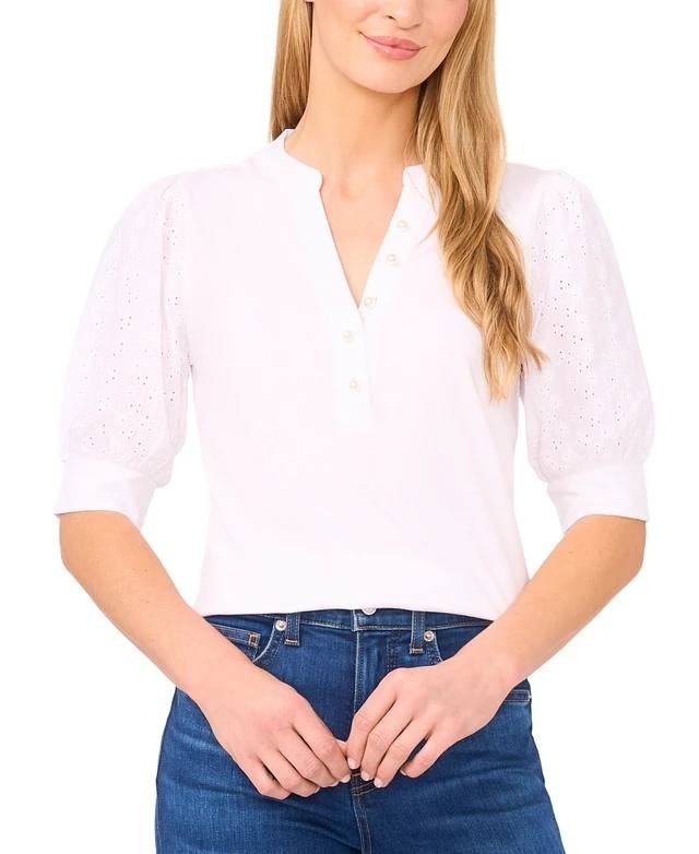 CeCe White Puffed‑Sleeve Mixed‑Media Top L Pre‑Owned Feminine Style msrp$69