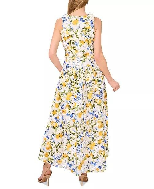 CeCe Floral Crewneck Bow-Strap High-Low Dress Lemon Print XL $129 NWT