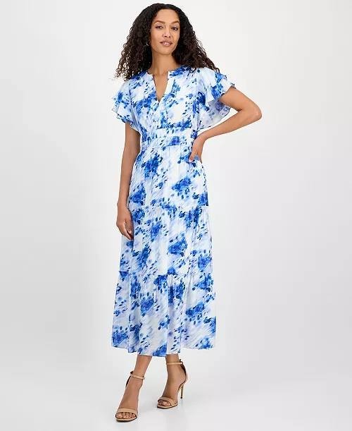 Julia Jordan Printed Ruffle-Sleeve Midi Dress Blue Ivory 8 NWT $139
