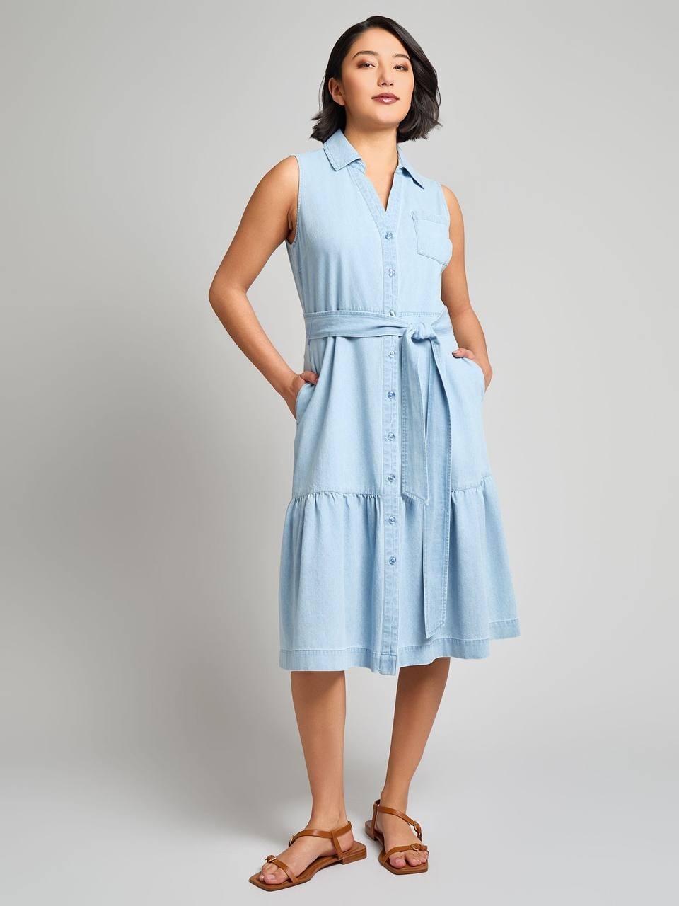 Jones New York Petite Sleeveless Belted Chambray Dress Blue PS NWT $119.50