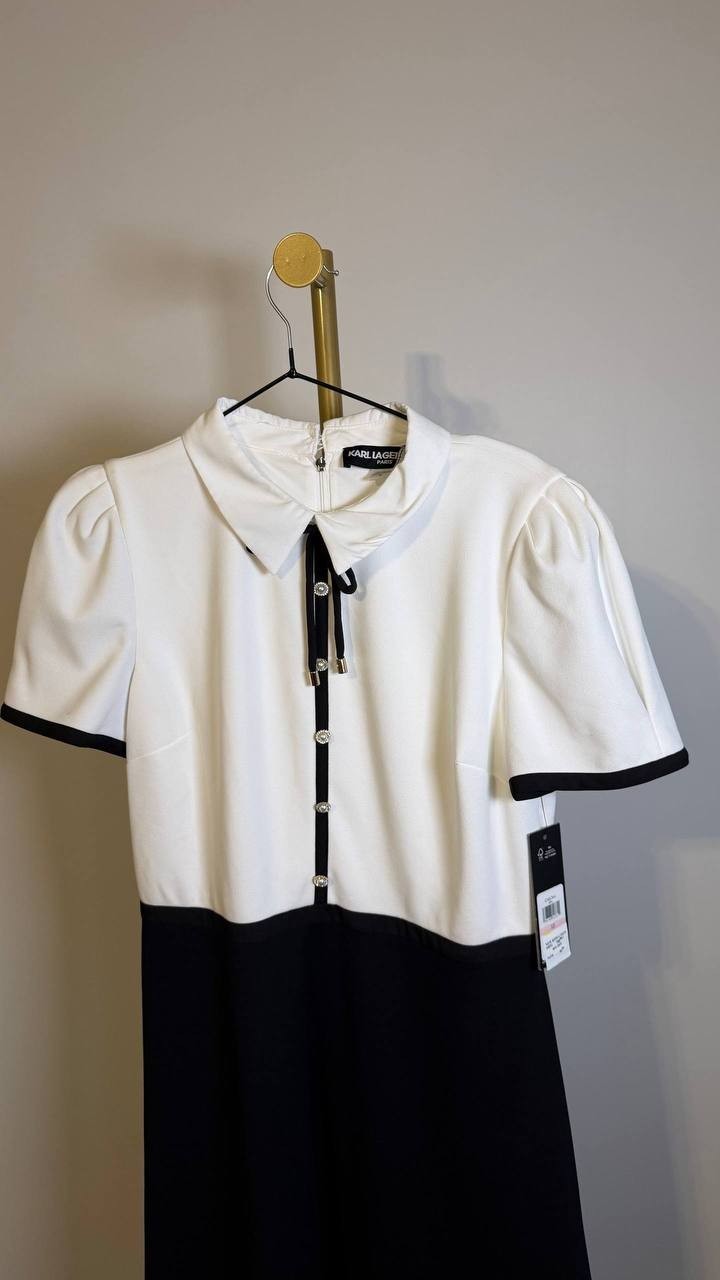 Karl Lagerfeld Paris Collared Contrast Trim Dress White Black 10 $148 NWT