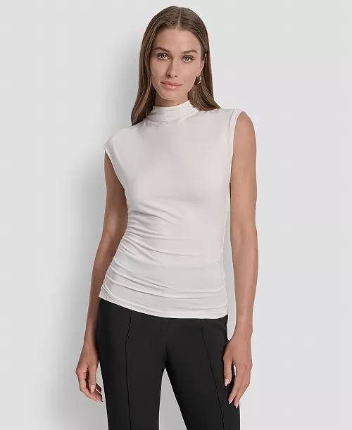 DKNY Mock‑Neck Sleeveless Side‑Ruched Knit Top – Size L – Pre‑Owned – $49