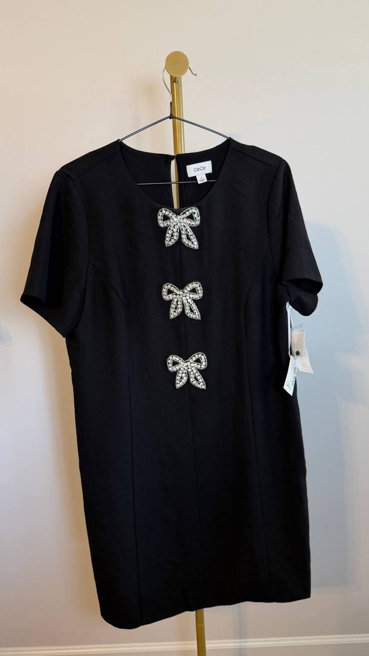 CeCe Sequin Bow Shift Dress Black Mini Lined Round Neck Size 12 NWT $119