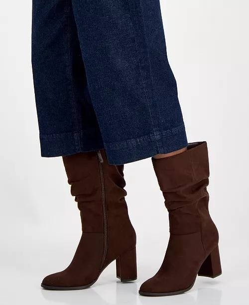 Style&Co Reneee Boots 7.5M Dark Roast Scrunch Mid‑Shaft Block Heel NIB msrp$89