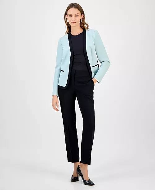 Kasper Blazer 12P Blue Petite Contrast Trim Open Front Long Sleeve Career NWT