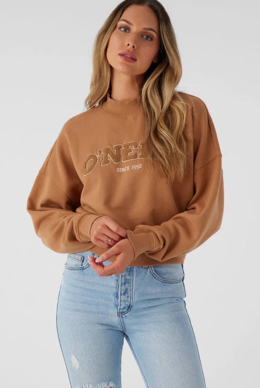 O'Neill Cropped Oversized Sweatshirt Tan Fleece Pullover Women S-L NWT
