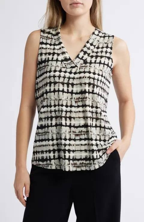 Anne Klein Printed Pleated V‑Neck Top XXS White Multi NWOT $49