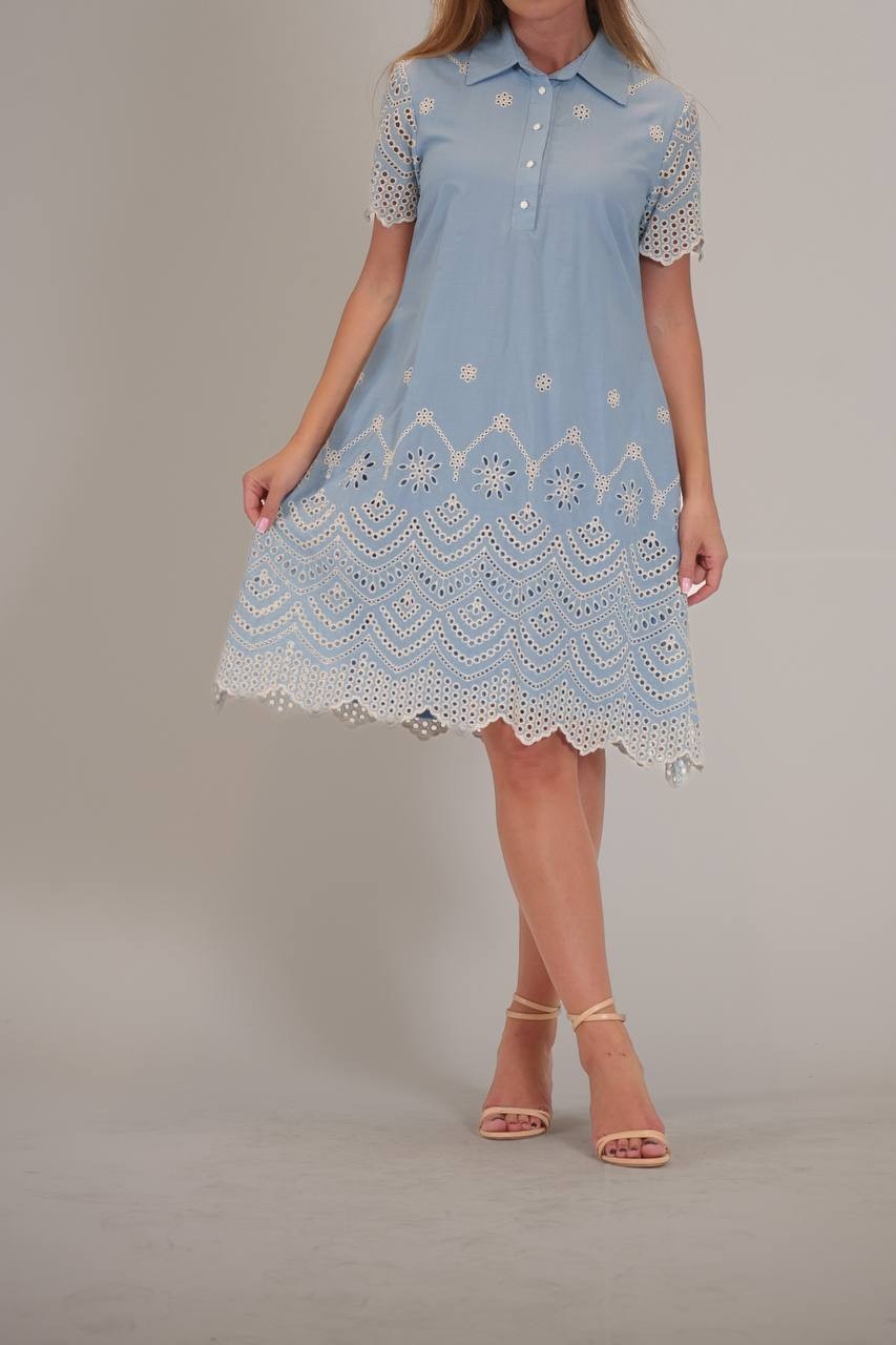 Julia Jordan Women’s Short‑Sleeve Cotton Eyelet Shirt Dress Blue Ivory L $129 NW