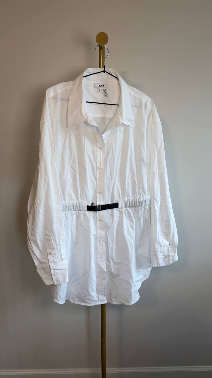 DKNY Cotton Belted Button‑Front Shirt White XL NWT $119