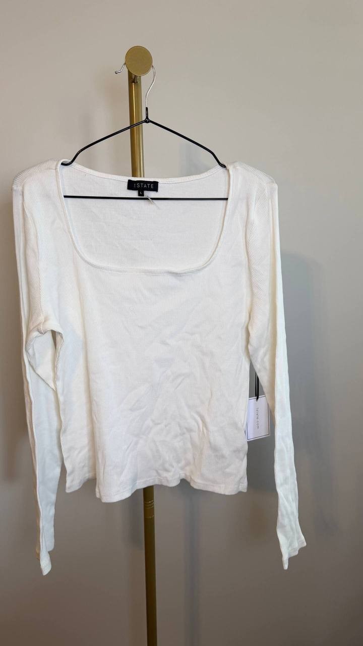 1.STATE Scoop Neck Long Sleeve Cotton Rib T‑Shirt White New Ivory Size L NWT $49