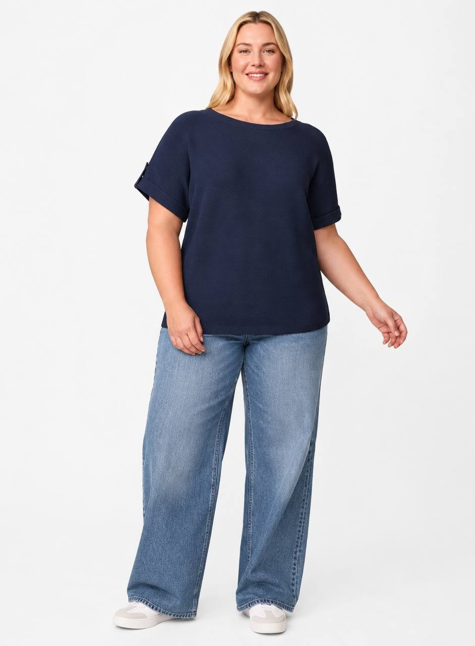 Melissa Paige Textured Button‑Tab Sleeve Top Navy 3X NWT $51.50