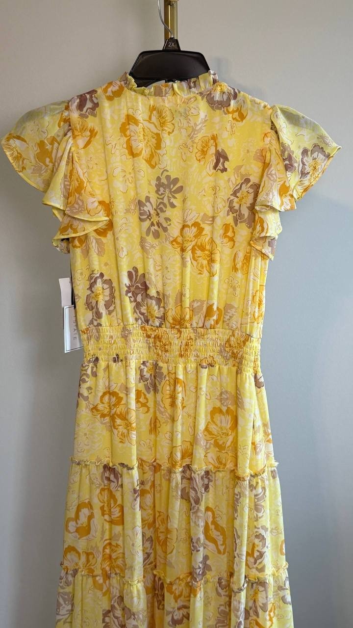 1.STATE Tiered Floral Flutter‑Sleeve Maxi Dress Lemon Meringue XS NWT $139