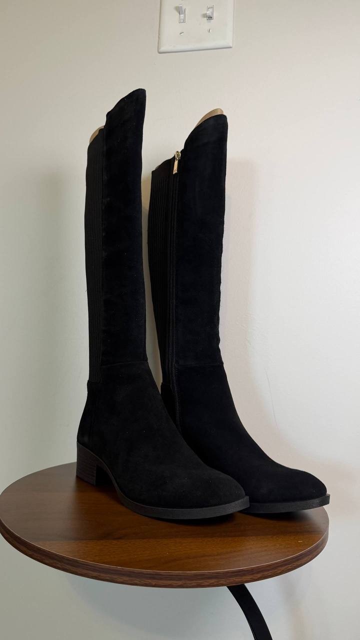 Kenneth Cole Levon Boots 6.5M Black Suede Tall Wide‑Shaft Round Toe NIB msrp$220