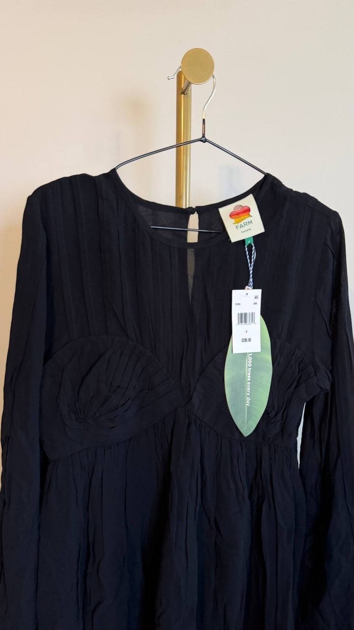 FARM Rio Pleated Mini Dress Black Long Sleeve Semi Sheer Size S NWT $280