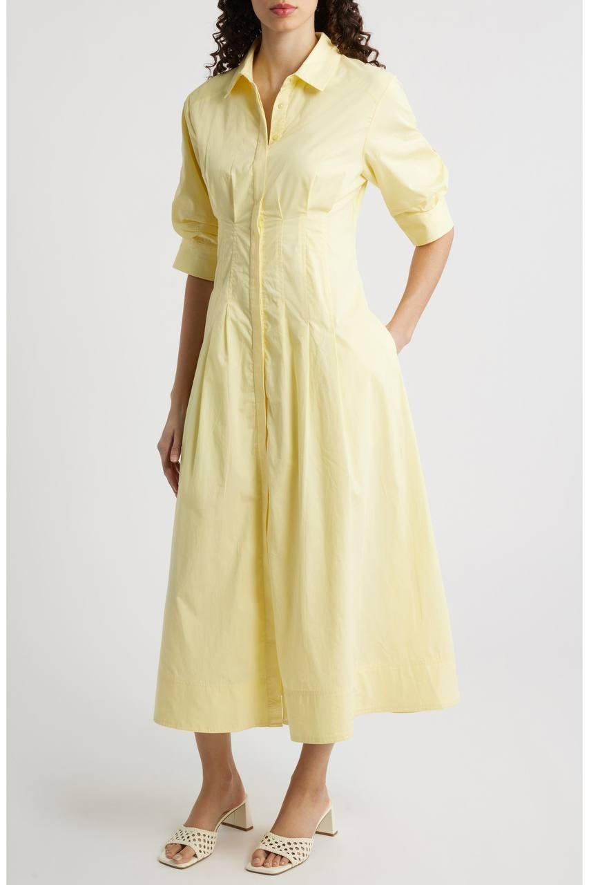 Vince Camuto Pleated Cotton Button‑Up Maxi Shirtdress Lemon Cream M NWT $139
