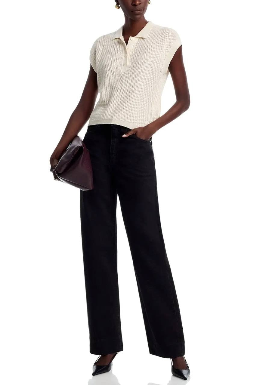 Majestic Filatures Knit Cap‑Sleeve Polo Top 4 Milk NWT $230