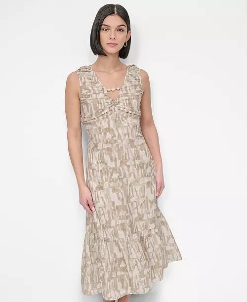 DKNY City Burnout Beaded‑Trim V‑Neck Dress Beige M NWT $139