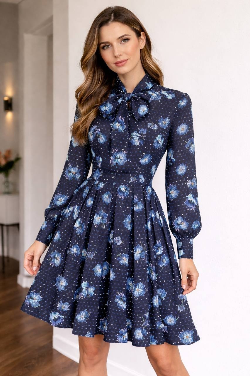 Gracia Bow‑Neck Floral Long‑Sleeve Dress Navy sizeS NWT Elegant Chic